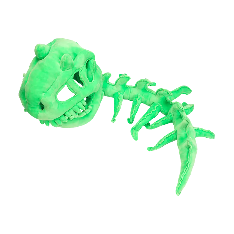 Zelený plyšový klobúk s kostrou dinosaura v detskej veľkosti