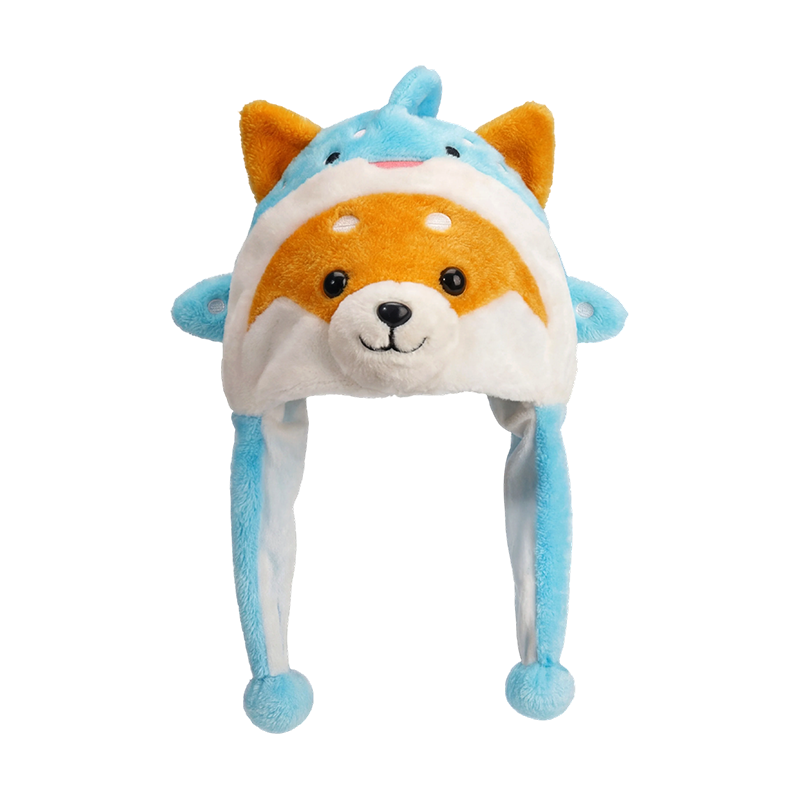 Modrý plyšový klobúk shiba inu